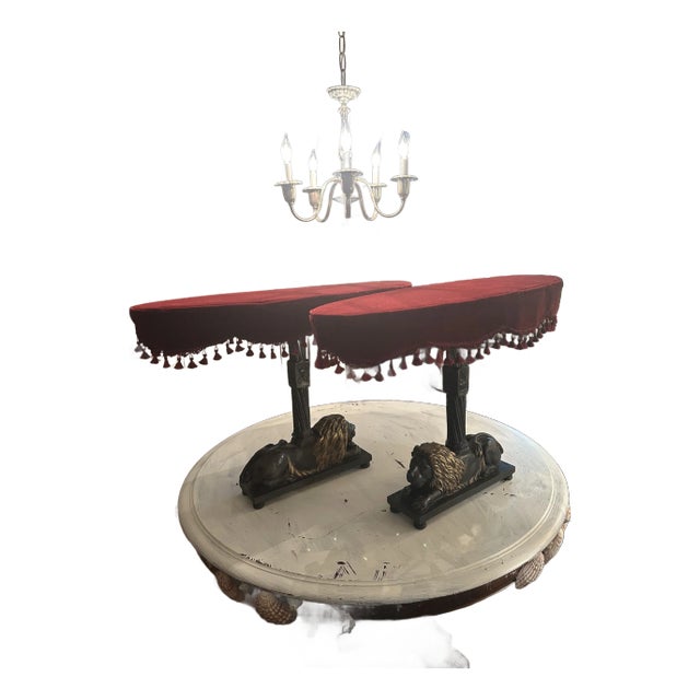 Pair of 1930s Black and Gold Spanish Renaissance Revival End Side Tables With Lions and Red Velvet C For Sale