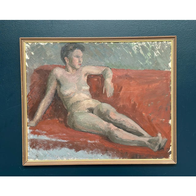 Vilhelm Blomquist, Reclining Lady on Red Couch, 1960s, Oil on Panel, Framed For Sale - Image 13 of 18