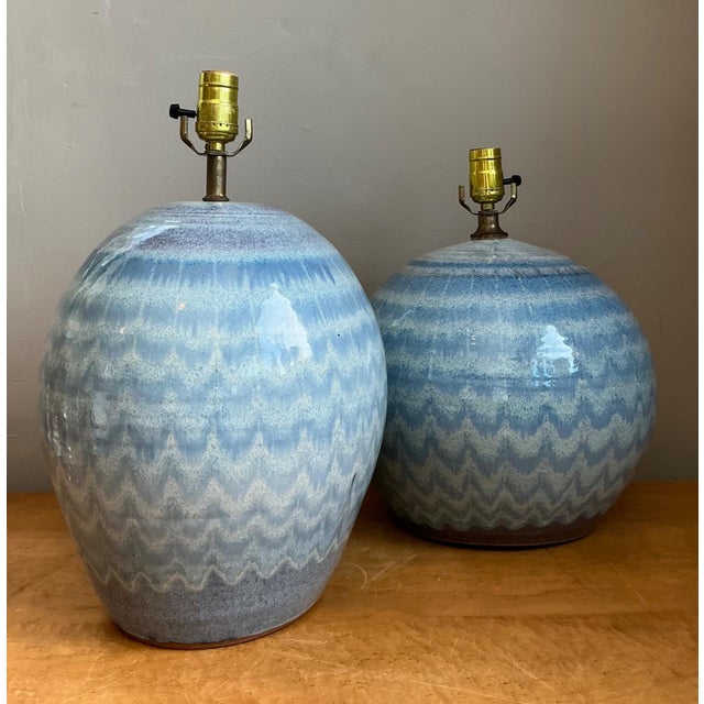 Vintage Blue Glazed Ceramic Table Lamps - Set of 2 For Sale - Image 4 of 18