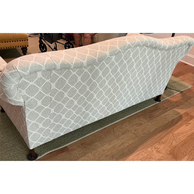 18th Century English 79” Camelback Sofa replica. Recently reupholstered in this neutral fabric. The sofa has a tight...