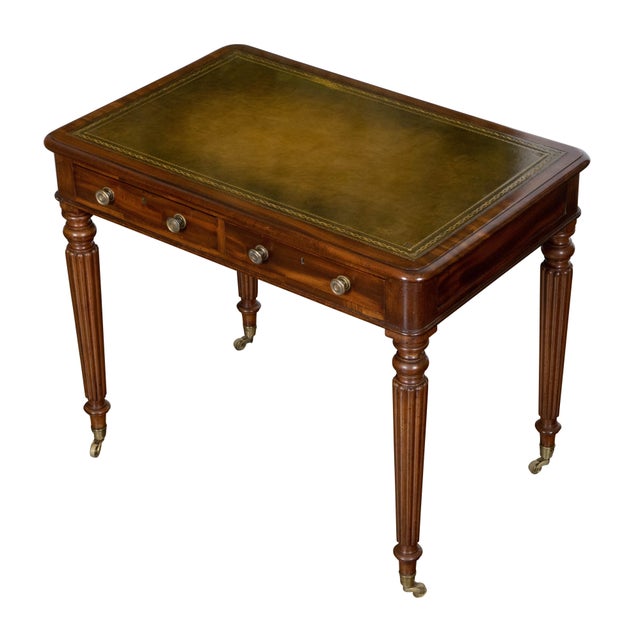 English 19th Century Mahogany Desk with Green Leather Top and Reeded Legs For Sale - Image 10 of 12