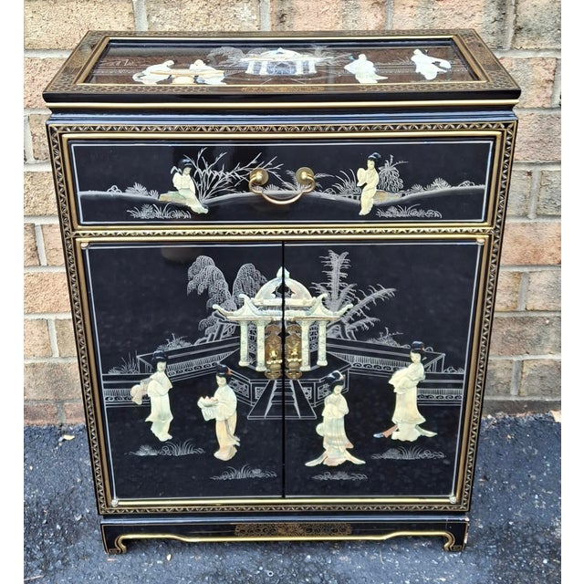 Chinese Mother of Pearl and Hardstone Decorated Lacquered Side Cabinet For Sale In Washington DC - Image 6 of 11