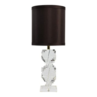 1991 Modern to Postmodern Helix Spiral Stacked Lucite Bauer Co Table Lamp With Espresso Drum Shade For Sale