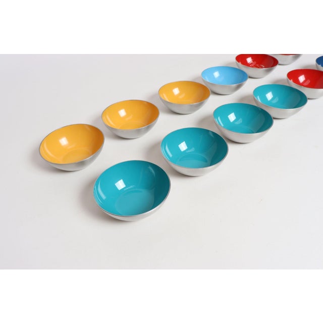 Teal Set of Twelve Small Danish Modern Enamel and Brushed Aluminum Snack Bowls For Sale - Image 8 of 18