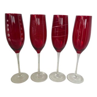 Late 20th Century Mikasa Cheers Ruby Red Etched Champagne Flutes, Set of 4 For Sale