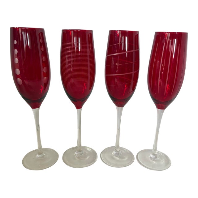 Late 20th Century Mikasa Cheers Ruby Red Etched Champagne Flutes, Set of 4 For Sale