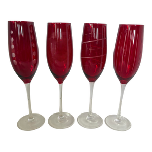 Late 20th Century Mikasa Cheers Ruby Red Etched Champagne Flutes, Set of 4