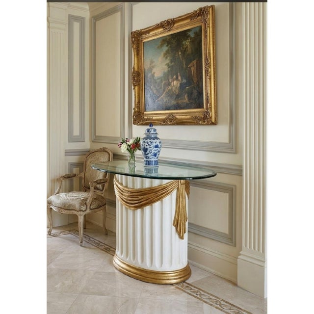 Gold ​Vintage Hollywood Regency Serge Roche Style Fluted Plaster & Gilt Swag Pedestal Console Table For Sale - Image 8 of 10