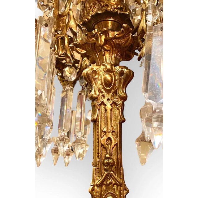 Metal Pair of Antique American Cornelius Gilt Bronze and Crystal Three Arm Candelabra For Sale - Image 7 of 10