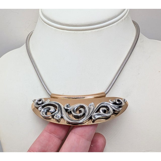 Metal Vintage 1975 Signed Napier Book Piece Goldtone & Rhodium Plated Bib Necklace For Sale - Image 7 of 8