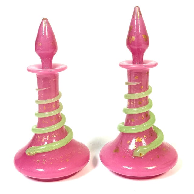 Glass Pair French Pink Opaline Perfume Bottles with Green Serpents Attrib. Baccarat For Sale - Image 7 of 13