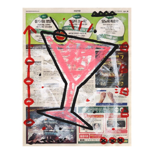 Cherry Drop Glass - Original Pop Street Art Acrylic Painting on Newspaper by Gary John For Sale