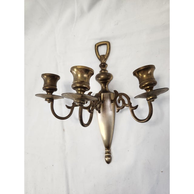Vintage Set of Solid Brass Three Candle Wall Sconces - A Pair For Sale - Image 4 of 6