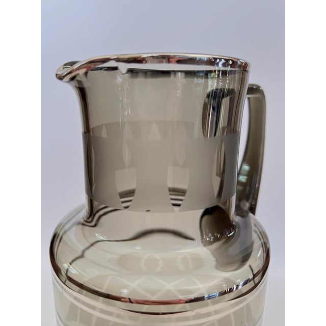 Mid Century Bar Pitcher, Smoky Glass with Etching and Silver For Sale - Image 4 of 7
