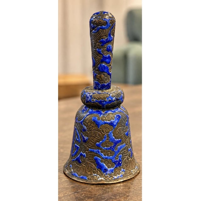 Chinese Antique 1880-1920 Chinese Cloisonné Enamel Hand Bell Blue Floral Metal 5” Ornate For Sale - Image 3 of 4