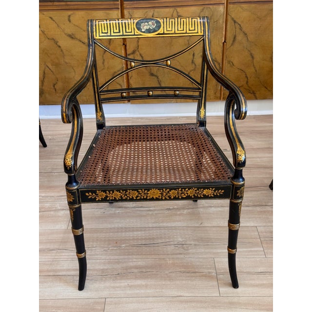 Early 19th Century Set of Four English Regency Black Lacquer Dining Chairs With Gilt Decoration For Sale - Image 5 of 16