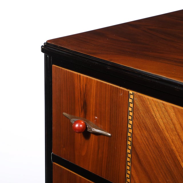 Art Deco Book-Matched Walnut & Black Lacquer Detailed Chest W/ Bakelite Pulls For Sale - Image 16 of 18