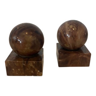 Pair of 1940s Brown Alabaster Sphere Bookends For Sale