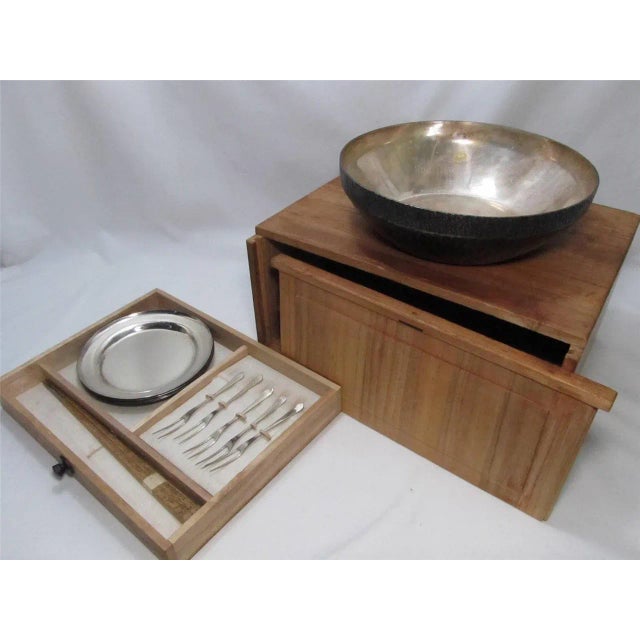 This is a set of Japanese vintage metal table serving bowl, plate , fork and chopstick set in original paulownia wood box....
