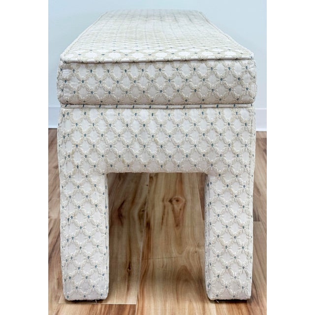 Vintage Trellis Lattice Pattern Upholstery Parsons Bench For Sale - Image 4 of 9