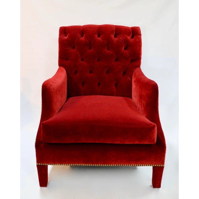 Tufted Red Velvet Chairs with French natural nailheads. Loose Seat Cushion. Made by world renowned upholsterer: Danny...