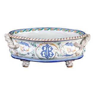Antique French Hand Painted Faience Jardiniere with Tree Branch Handles, 1880s For Sale