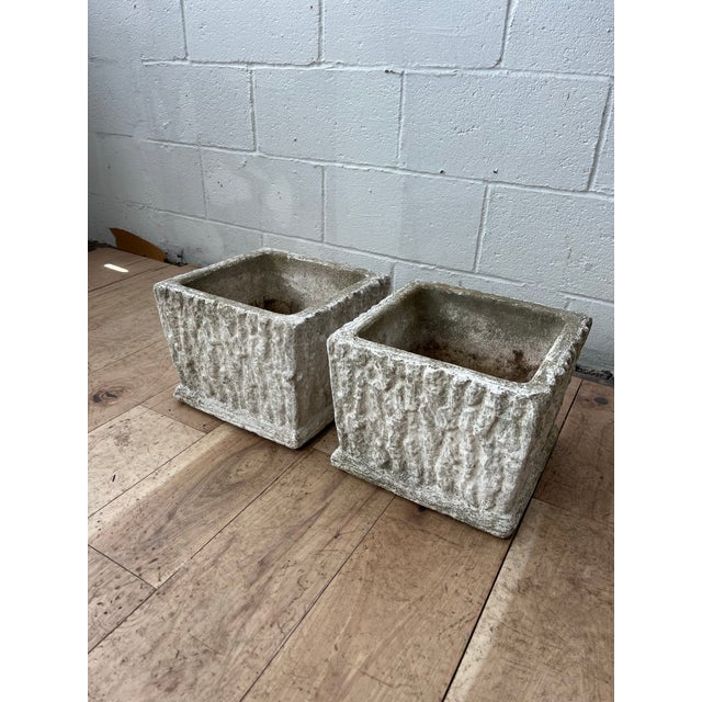 Mid-Century Modern Pair of Faux Bois Concrete Planters | Vintage Rustic Modern Garden Cachepots For Sale - Image 3 of 8