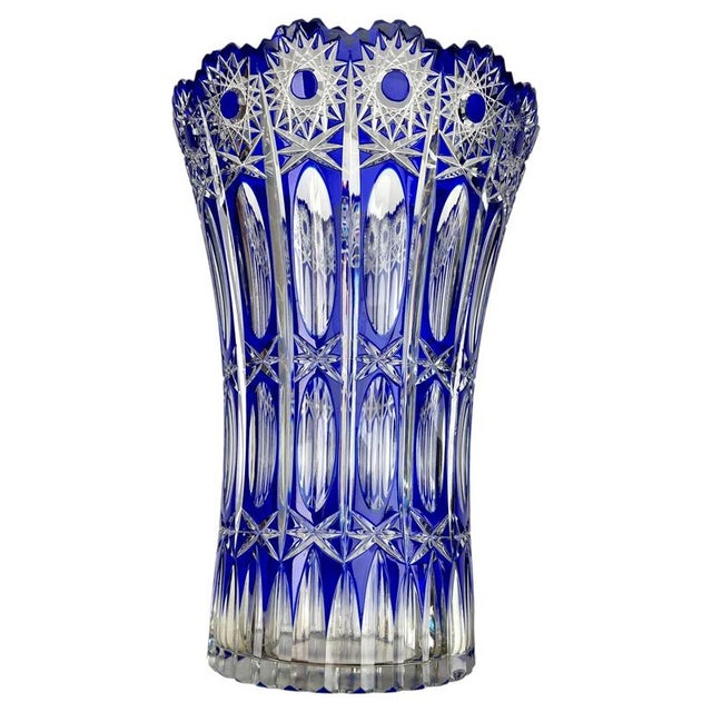 Large Bohemian Vibrant Cobalt Vase in Crystal Cut-to-Clear, 1930 For Sale - Image 4 of 9