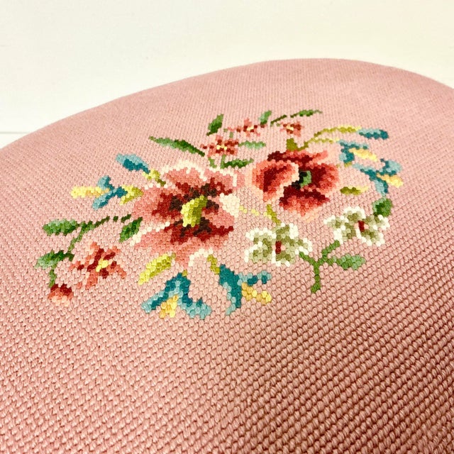 Mid-Century Boho Chic Folk Art Traditional Needlepoint Oval Footstool. For Sale - Image 14 of 14