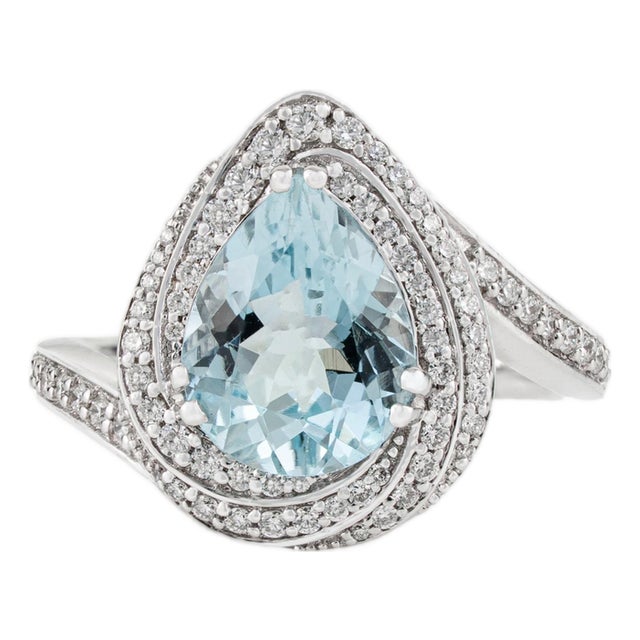 2.07Ct Pear-Cut Aquamarine Diamond Cluster Ring in 18k White Gold Size 5 For Sale