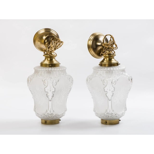 1950s French Rococo Brass Chain Pendant Lights, Acid-Etched Pressed Crystal Shades - A Pair For Sale - Image 9 of 12