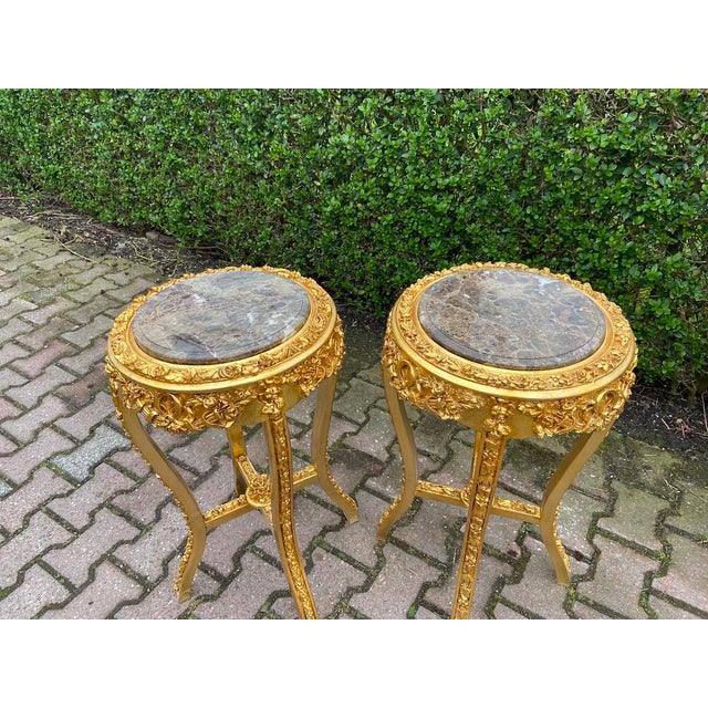 1980s French Louis XVI Gold Gray Marble Side Tables - Pair For Sale - Image 9 of 10