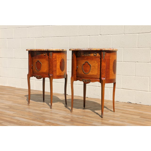 1940s Pair Antique French Louis XV Style Marble Top Inlaid Wood Nightstands, Circa 1940s For Sale - Image 5 of 18