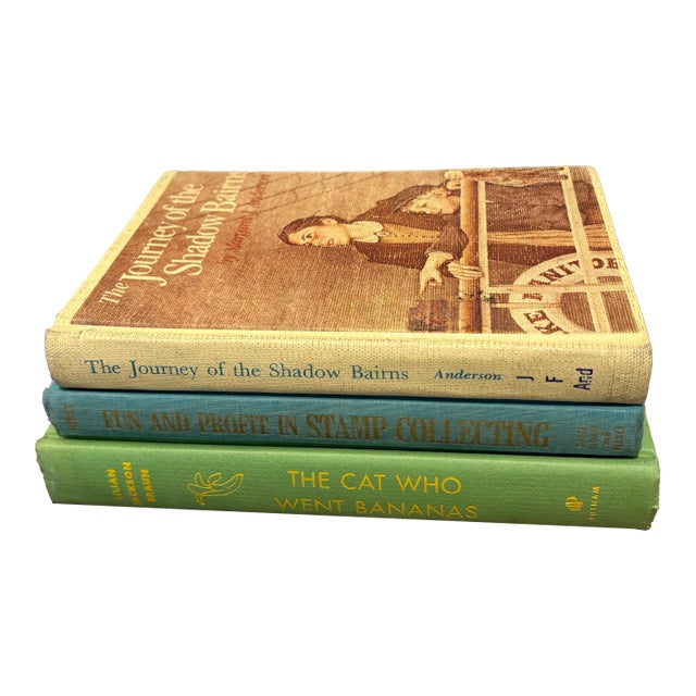 Vintage Whimsical Hobbies Hardcover Book Stack - Set of 3 - Bright Green & Blue Palette - Eclectic Modern Decor For Sale