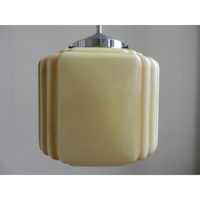 Metal Art Deco Hanging Lamp with Cube Shaped Beige Globe, 1930s For Sale - Image 7 of 11