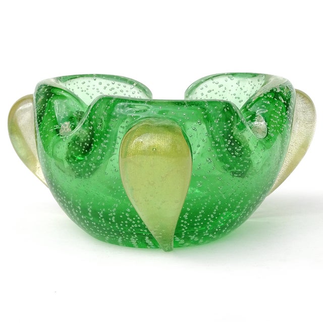 Mid 20th Century Vintage Murano Seguso Vetri d'Arte Gold Flecks Green Sommerso Bubbles Italian Art Glass Bowl Ashtray For Sale - Image 5 of 5