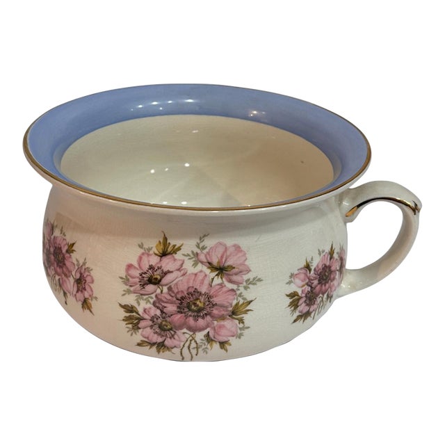 Vintage Floral Porcelain Chamber Pot With Blue Interior & Gilt Accents For Sale