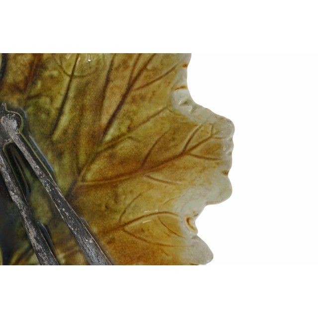 Antique English Majolica Nuts & Nutcracker on Leaf Dish Trompe l'Oeil Bretby Pottery For Sale In Philadelphia - Image 6 of 7