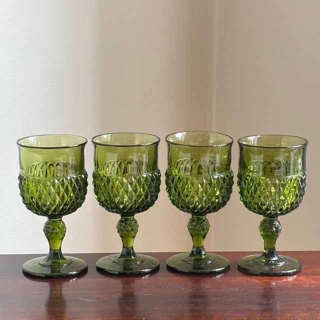 1960s Avocado Green Pressed Glass Goblets — Set of 4 For Sale - Image 13 of 13