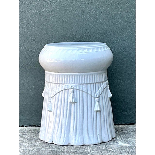 Vintage Italian Rope and Tassel Glazed Ceramic Low Stool For Sale - Image 9 of 12