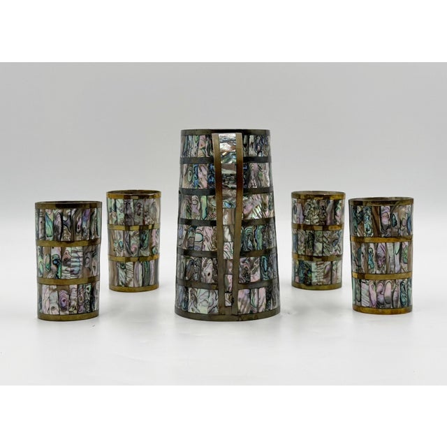 1950s 1950s Alfredo Villasana Taxco Brass & Abalone Pitcher and Tumblers - Set of 5 For Sale - Image 5 of 18
