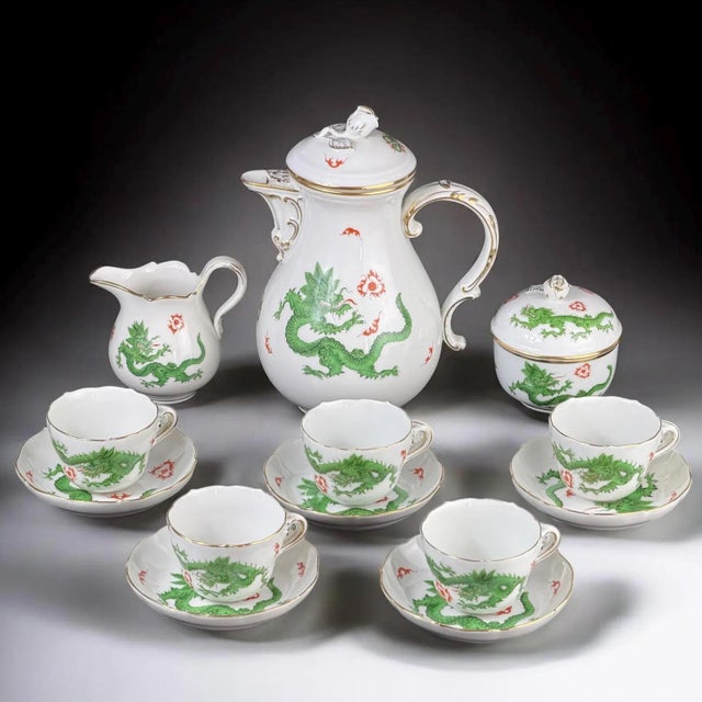 An exceptional and refined tea set produced by the legendary Meissen manufactory, decorated in the iconic Green “Ming...