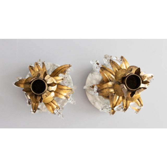 1950s Vintage Italian Gilt Tole & Crystals Candlesticks - A Pair For Sale - Image 5 of 9