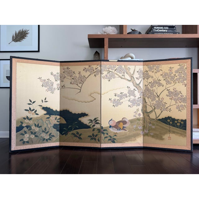 Elegant Japanese four-panel folding screen (byōbu) featuring a traditional kacho-ga (bird and flower) composition with a...