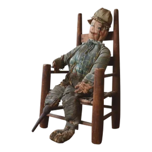 Hand-Painted Corn Husk Seated Man With Carved Wood Peg Leg, Circa 1940s