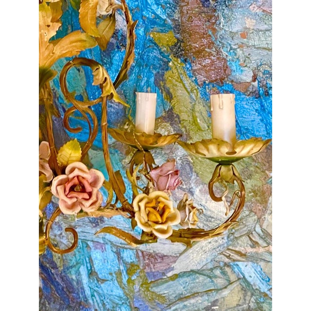 Gold Porcelain Floral Roses Flower Chandelier, 1940s For Sale - Image 8 of 14