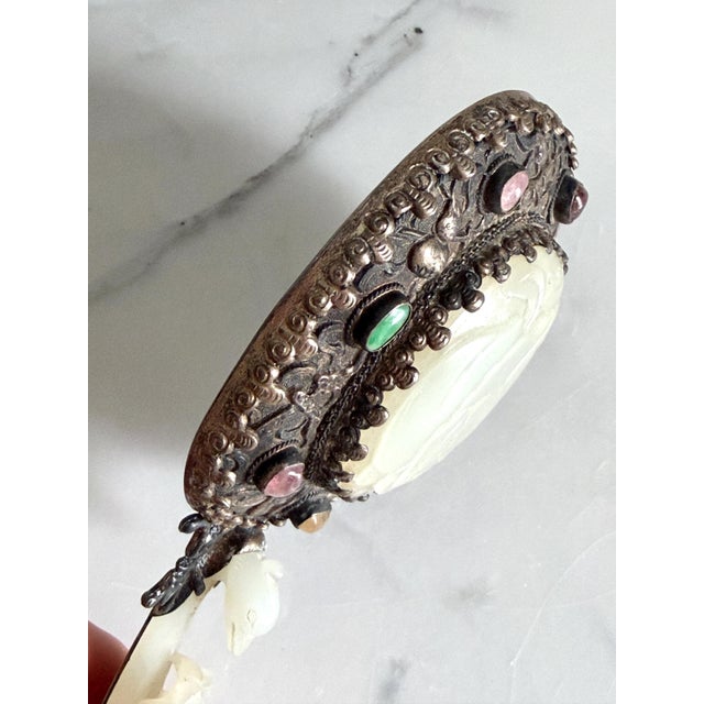 Late 19th Century Antique 19th Century Chinese Carved Jade-Mounted and Bejeweled & Repoussé Silver Tone Metal Back Hand Mirror 7.3"x4" For Sale - Image 5 of 13