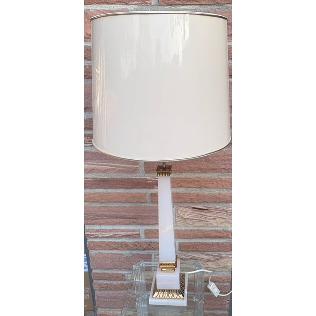 Brass and Onyx 2-Light Table Lamp with Fabric Shade from Versace, 1970s For Sale - Image 4 of 13
