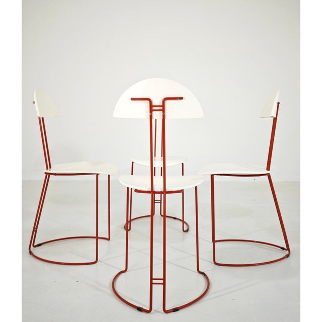 Mid-Century Modern Italian Red and White Metal and Wood Chairs, 1980s, Set of 4 For Sale - Image 14 of 16