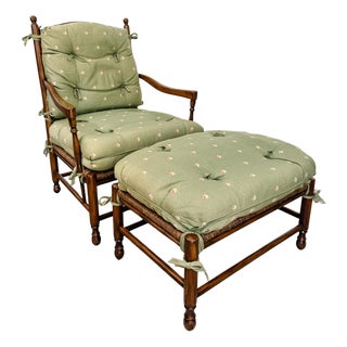 Late 20th Century Custom-Made Country French Ladderback Armchair and Ottoman Set by Calico Corners For Sale